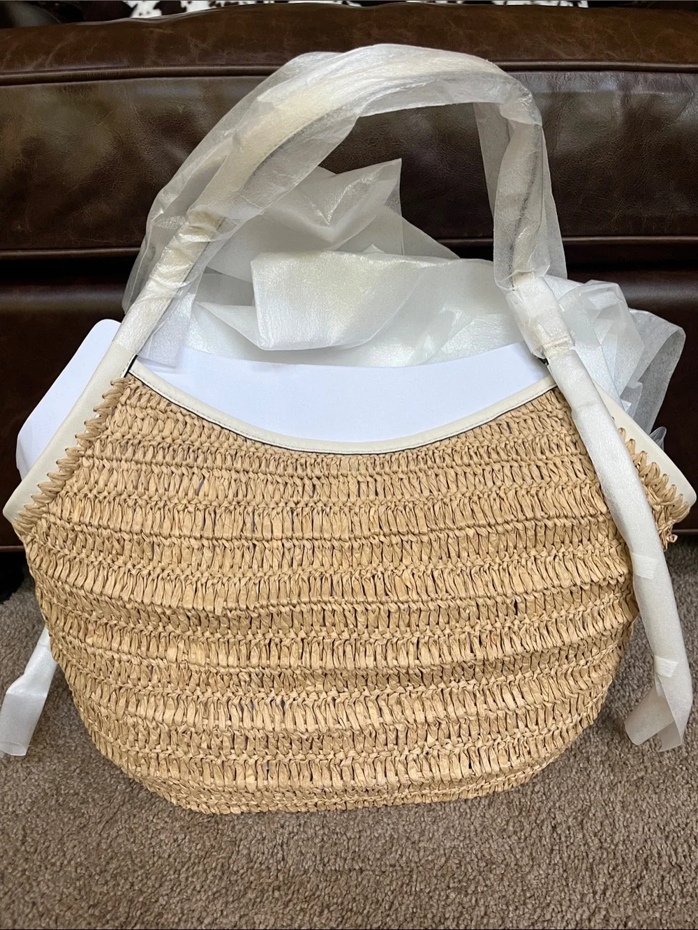 kate spade Natural Straw Tote with White Trim NWT